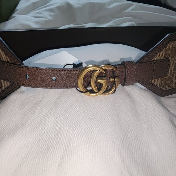 100 % Authentic Gucci Brown GG Canvas and Leather Buckle Wide Waist Belt 85CM - Picture 4 of 11